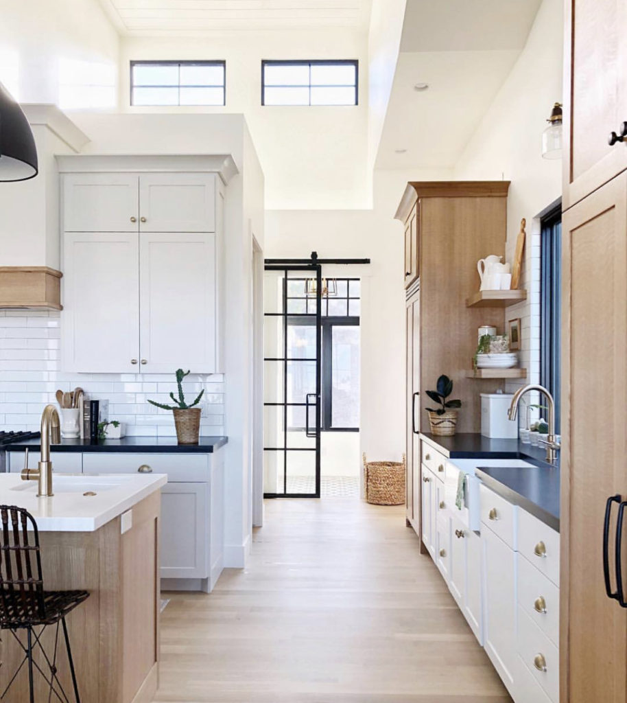 kitchen modern black windows white light woods