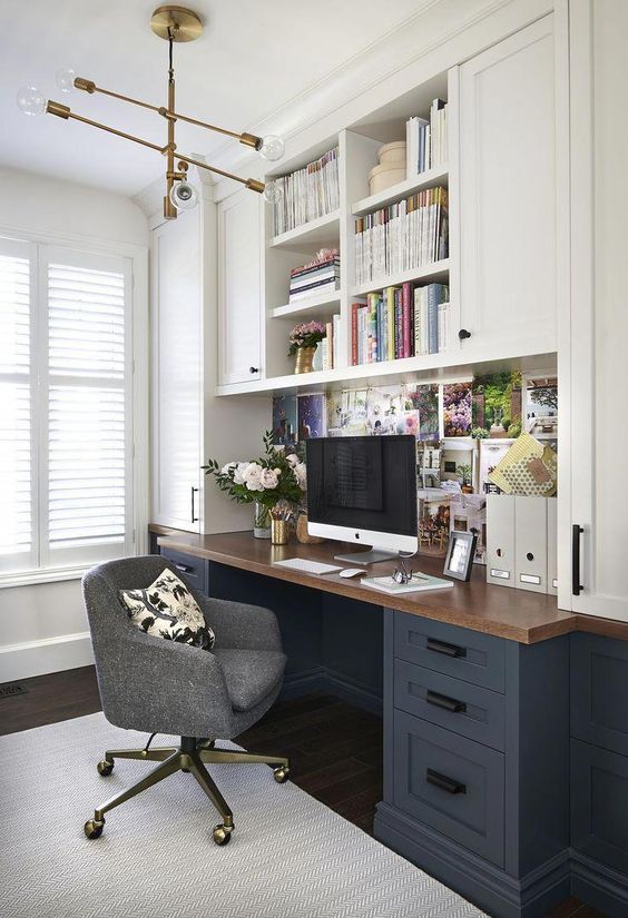 Home office built ins wood desk navy