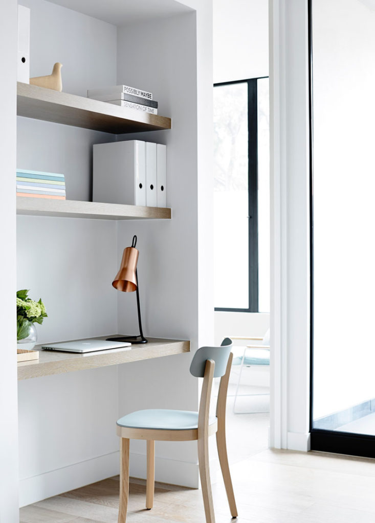 small office wood shelves nook