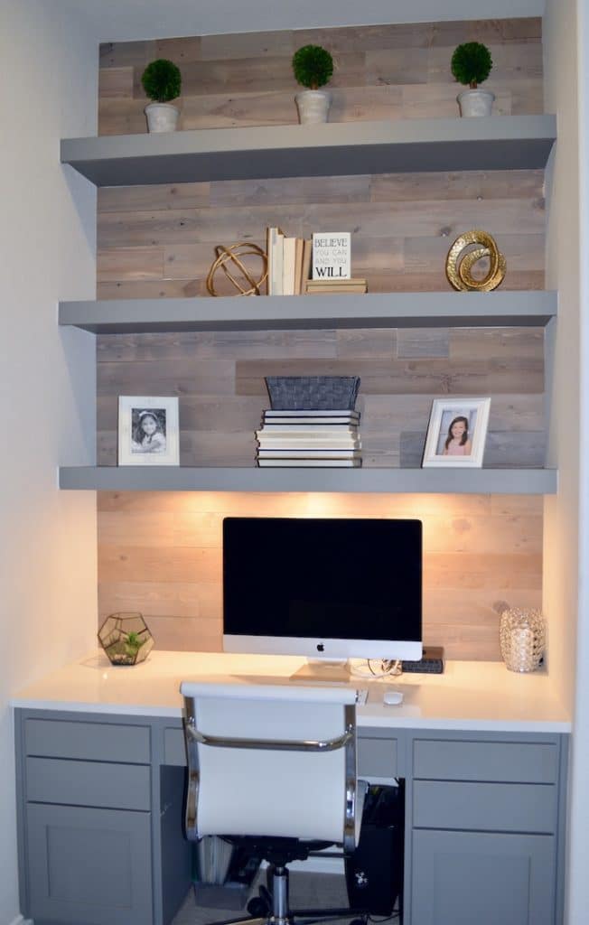 office nook gray floating shelves