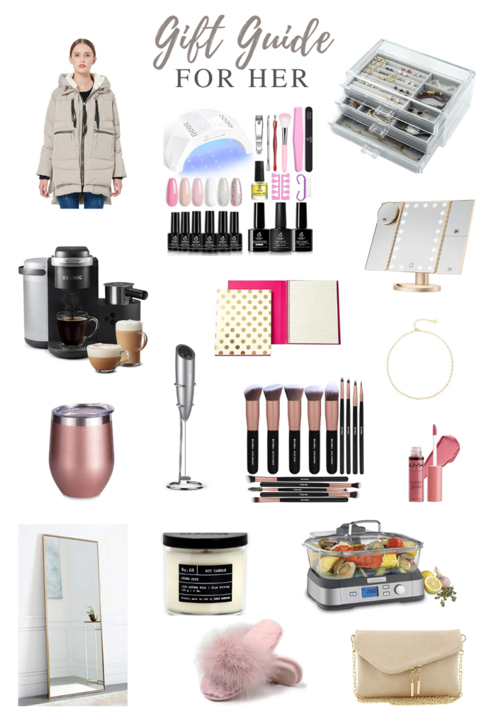 gifts for her, makeup, brushes, slippers, makeup mirror, jewelry box, coffee maker, gel nails, clutch